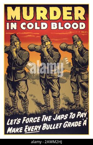 Vintage World War II American anti Japanese propaganda poster 1940 'Murder in cold blood.' ‘Incontriamo Il Japs a pagare, facciamo ogni proiettile voto A 'Anti-Japanese sentimento poster da parte degli USA Office for Emergency Management, 1942-43 Illustrazione dei crimini di guerra da parte dei giapponesi durante WW2 Foto Stock