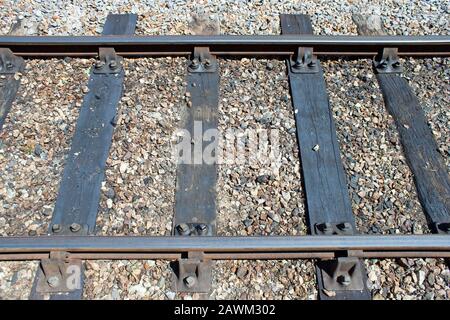 Il binario ferroviario si chiude orizzontalmente con usura e ruggine Foto Stock