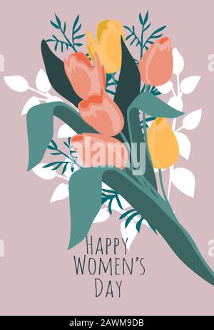 Giornata Internazionale Della Donna. Bouquet di fiori su sfondo astratto. Illustrazione piatta del vettore Illustrazione Vettoriale
