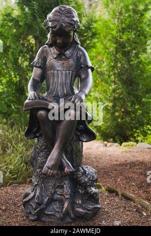 Statua di bronzo di una giovane ragazza che legge un libro fiancheggiato Da arbusti decidui e Thuja occidentalis - alberi di cedro in giardino cortile in estate Foto Stock