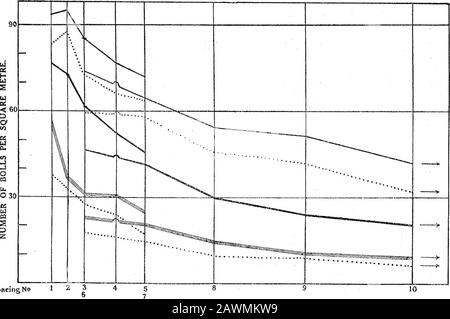 Analisi di YieldPart ITHE Spacing Esperimento con cotone egiziano, 1912 . Settimane Che Terminano il 13 20 27 AGOSTO 10 17 24 SETTEMBRE 8 15 22 OTTOBRE 29 Fig. 6. – Curve Di Ebollizione per unità di area. Queste curve mostrano i tassi settimanali di produzione di boll per metro quadrato. Essi sono così rese-ricci che mostrano per ogni spaziatura la distribuzione della resa nel tempo. Confrontare con la fig. 5, Notazione come in fig. 2. 2 A 2 178 MESSAGGI. W. L. PALLE E F. S. HOLTON. Spaziatura N9 totale I. totale a. 1st e 2ndPicking h. 1st,Picking b.1st;Picking a. Fig. Resa totale per unità di area, come ottenuta nei tre convenzionali Foto Stock