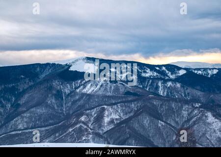 Inverno in Cindrel montagne, Romania, picco Magura, 1304m Foto Stock