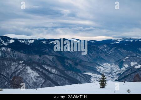 Inverno in Cindrel montagne, Romania, picco Magura, 1304m Foto Stock