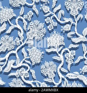 Motivo senza cuciture con rami fiori in stile chinoiserie. Illustrazione Vettoriale