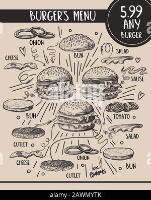 Menu Burger con composizione di prodotti in stile grafico. Illustrazione Vettoriale