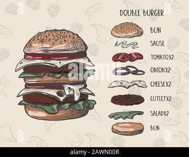 Menu Burger con composizione di prodotti Illustrazione Vettoriale
