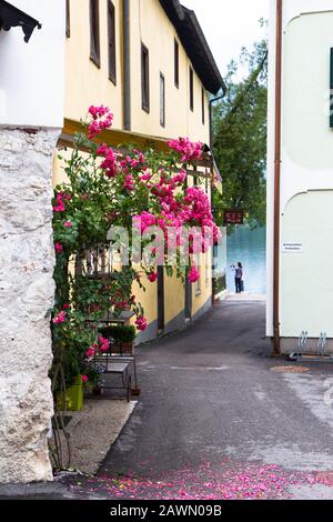 Hallstadt, luglio 2nd 2017: Vecchie case del famoso villaggio alpino Hallstadt Foto Stock