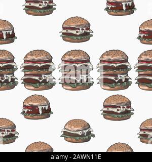 Modello senza cuciture con hamburger in stile grafico. Illustrazione Vettoriale