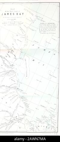 Carte Sessional del Dominion del Canada 1905. Y tra il fiume Ekwan e il fiume Owl grande. Questi torrenti diventano più ampi •e meno profondi alle theirmouth, e i loro canali attraverso le case di fango che appaiono a bassa acqua sono così ampi che abbiamo dovuto trascinare le nostre canoe, disegnando solo quattro adolescenti, su uno dei canali per due miglia per raggiungere la riva. Il punto più orientale di Capo Henrietta Maria è diciotto miglia a nord dalla foce del fiume Big Owl e 300 miglia dalla fabbrica di Moose, seguendo le sinuosit della costa. Questa parte della costa è fiancheggiata da sabbia e ghiaia bar, som Foto Stock