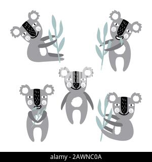Set di graziosi koala con illustrazione di eucalipto in stile scandinavo Illustrazione Vettoriale
