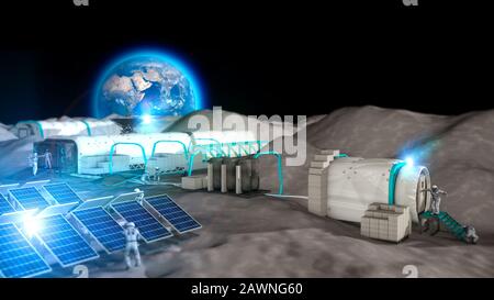 Base lunare, avamposto spaziale. Primo insediamento sulla luna. Missioni Spaziali. Moduli di vita per la conquista dello spazio. La Terra vista dalla Luna Foto Stock