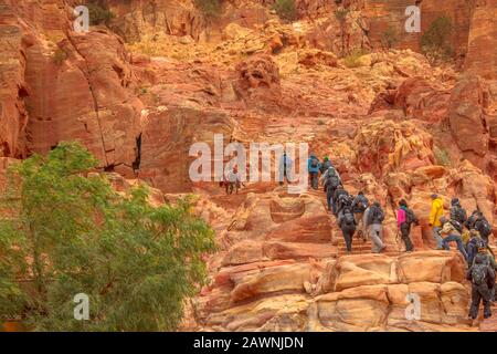 Petra, Giordania - 4 gennaio 2020: Turisti, beduini e muli salire gli 850 gradini per raggiungere al-Deir, alias il monastero, il più grande e più distante Foto Stock