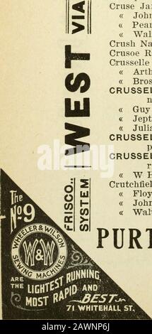 Atlanta City Directory . Mm .Genuine Jellico Coal. Pesi Onesti. Consegna Immediata. Crump Amanda e, wid George H, r 182 Angler aveCruse James J (Bessie), falegname, r 17 Ridge Ave &lt;i John W, macellaio, r 210 Whitehall Â« Pearl C Miss, elk 73i/^ Whitehall, r 210 SAME Â« Waltei*, driver 493 Marietta, r N AtlantaCrush Nannie C Miss, pensione, 97 Capitol sqCrusoe Robinson D (Annie), sec Sou Guar L Co, r 160 Washingtonselle Crusselle Albert C (Willie), Bricklyr, r 13 Papa Â« Arthur B, collezionista, r 12 Spencer Â« Bros, C e Hammond mgr, agenzia di raccolta. 1(X)7 Eng AmCRUSSELLE EDWARD, gen stenog, com Foto Stock