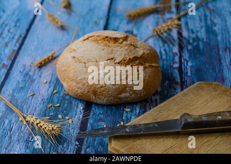 Un vecchio coltello è sul tagliere di legno. Tradizionale pane rotondo Vojvodiniano chiamato cipovka. Spighe di grano, grani. Messa a fuoco selettiva sul coltello. Foto Stock