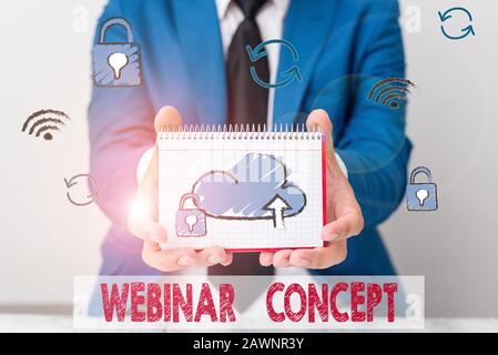 Testo che mostra Il Concetto di Webinar. Workshop o seminario sul testo di una foto aziendale trasmesso sul Web Foto Stock