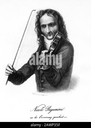 1830 , Berlino , Germania : il celebre violinista e compositore musicale italiano Niccolò PAGANINI ( 1782 - 1840 ). Ritratto del pittore e engra Foto Stock