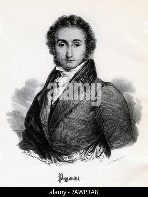 1831 , PARIGI , FRANCIA : il celebre violinista e compositore musicale italiano Niccolò PAGANINI ( 1782 - 1840 ). Ritratto litografato da Henri Foto Stock