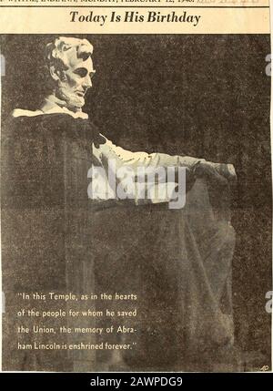 Statue di Abraham LincolnLincoln Memorial . Foto Acme. Oggi LA NAZIONE celebra il compleanno di Abraham Lincoln, il Grande Emancipatore. Thismost famoso delle sue statue si trova all'interno del memoriale di Lincoln a Washington, D. C. UNA celebrazione di due giorni ha cominciato ieri a Springfield, III., assistito da repubblicani e democratici, clergymen protestanti, cattolici ed ebrei, gli umili e i ricchi. R WAYNE, INDIANA, LUNEDI, 12 FEBBRAIO 1940. L Oggi È Il Suo Compleanno. Foto Stock