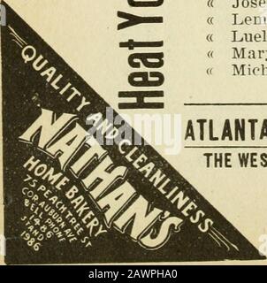 Atlanta City Directory . Gertrude), pittore, r 67 Kalb « James L (Burnett & Gordon), r 182 S Boulevard « John (c), autista, r 198 B Baker « John C (Victoria C), engr W & A R R, r 95 Davis « J N, bds 108 N Fair « Maude P, Wid Sherwood, bds 86 Piedmont ave « Ollie (c), LAB 93 N Pryor. R Gl Central ave « Peter (c), drayman, r 18 Bynum « Richard A (Ruth). (Buck & Burnett, r 92 Park Ave a Sherman S (Zoraf. Travs Slmn 20 Central, r 109 Rawson « S Elizabeth, wid David P. r 77 Magnolia « Walter L. (Julia), elk 16 Central Ave, r 85 e Hunter « William J (Mattie), bartndr Prouty & .Co, r 30 Foto Stock