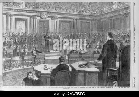 Avviso formale di impeachment di Andrew Johnson, da parte del Comitato della Camera, Thaddeus Stevens e John A. Bingham, al bar del Senato, Washington, D.C., sul 25th febbraio Foto Stock