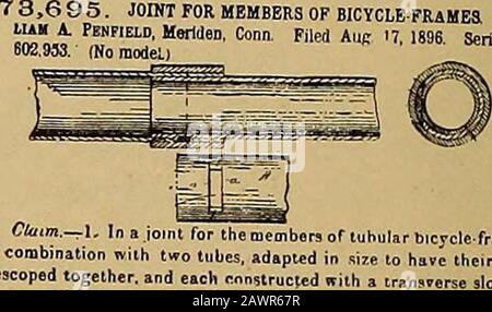 La revisione commerciale di ruota e ciclismo. Telescoped insieme, e ogni chiave segmentale di cma adattata id si inseriscono in dette fessure e innestano i chiodi laterali o bloccandone-shonnden fnr impedendo che l'iida venga spostata longitudinalmente in entrambe le direzioni, anil a «573,469. BICICLETTA O ALTRO COFANO DEL VEICOLO. EliKeeler, New Albany. Pa Filed Mar 2. 1896. N. Di Serie ! L Foto Stock