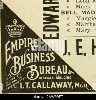 Atlanta City Directory . ima Miss, infermiera, 64 Walton Emma, wid John G, imbarco 258 Peaclitere Ernest C, alk 30 Auburn ave, r 183 Crew Ernest H, stenog Cont Gin Co, r 63 Bartow Eva e Miss, Milliner, r 54 Ponders ave Felix L (c), predicatore, R 139 N Bradley Frances A, wid Allen J, r 188 W Alexander George (c), plasterer, r 294 Auburn George A (Daisy), Bricklayer, r 176 Crew George K (Marie), canvaser Journal, r 183 Crew George L (Helena), asst U S Dist Atty, r 20 Spruce i P Gorman (c), WKS Ladder & Specialty Co Harry, calzolaio Carhart Shoe Mfg Co, r 29 Hull Henry (c), produttore di caramelle, r 330 Crum Foto Stock