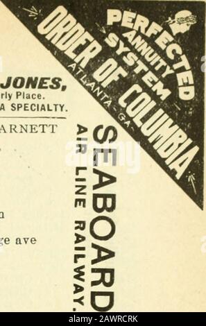 Atlanta City Directory . tlanta Lovett P (Kate), grocer 24(» W Fair, r SAME Luther, slsn Davison P S Co, r GS Central pi Marcus-M (EUA). Foreman Atl T Cot Co, r 116 Julian Martha Miss, r Bellwood Ave Morgan F (Mary), bailiff J G Bloodworth, R 75 Milledge Ave Oscar, bl&lt;kpr 122 Decatur, r 75 Milledge Ave Paul, bds Aragon Hotel Robert T, printer, r 1421^ Whitehall Samuel (c), laborer, r 188 e Baker Sarah M MRS, r 172 Rawson Sidney (c), cameriere, r 202 Edgewood Ave Sidney (c), well digger, R 18 Jeptha Thomas (c), operaio, r 30 Peters Thomas F (Annie), wks Davis & Freeman, r 13 Warren ave Turner Foto Stock