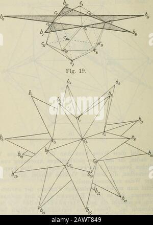 Abhandlungen über die regelmässigen SternkörperAbhandlungen von LPoinsot, 1809; A.LCauchy, 1811; JBertrand, 1858 [und] ACayley, 1859 . an kann aberauch versuchen, die konvexen Vielecke höherer Art in regel-mäßiger Weise zusammenzustellen. Setzt man zunächst regelmäßige Fünfecke der zweiten Artso zusammen, daß an jedem Eckpunkte deren drei aneinander-grenzen, so entsteht ein neues Sterndodekaeder, wie leichtzu erkennen ist. Dieses neue regelmäßige Vielflach besitztdreiseitige körperliche Ecken und dreißig Kanten, wie das ge-wöhnliche Dodekaeder; die eingeschriebene Kugel überdecktes genau vierm Foto Stock