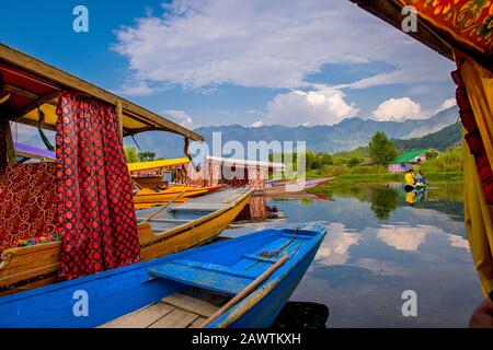 Vista da Shikara una piccola barca scolpita in legno, dal lago, Srinagar, Kashmir, India Foto Stock