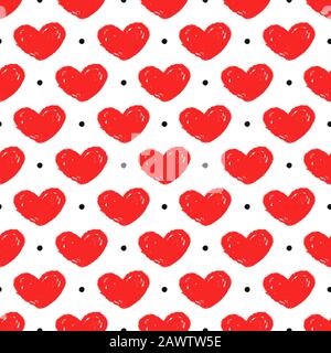 Modello senza cuciture con cuori e punti disegnati a mano. Sfondo bianco e cuori rossi dipinti. Illustrazione romantica del vettore per amore, matrimonio o San Valentino Illustrazione Vettoriale