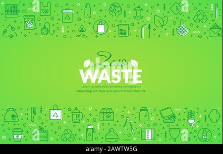 Banner Web zero-waste con icone di linea. Riciclaggio, articoli riutilizzabili, plastica libera, salvare il pianeta e eco stile di vita temi. Sfondo orizzontale vettoriale Illustrazione Vettoriale