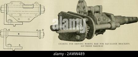 Ingegneria Ferroviaria E Locomotiva . BARRA di alesaggio PER EQUALIZZATORE BR,CKET.S.FERROVIA MERIDIONALE attraverso due negozi per riparazioni generali. Analogamente, i fori per i perni delle staffe dell'equalizzatore vengono alesati e imboccolati quando usurati. Questo lavoro è donesenza togliere le staffe dal motore quando quest'ultimo è dentro per generalrepairs. Per questo scopo viene utilizzato un attrezzo appositamente progettato. Una barra pesante di circa 6 poll. BY2 poll. È imbullonata attraverso il motore dal telaio al telaio in Jine con i fori da alesare. A questo è imbullonato il telaio della macchina, che è fatto da una scatola dell'olio del carrello oldEngine, t Foto Stock