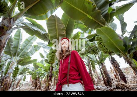 Donna come turista o contadino vestito casualmente in camicia rossa e cappello a piedi sulla piantagione di banane con un raccolto ricco. Concetto di turismo verde o di frutta esotica che cresce