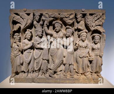 Quattro Scene dalla vita del Buddha - nascita del Buddha - dinastia Kushan, da fine 2nd a inizio 3rd secolo DC, Gandhara, schist Foto Stock