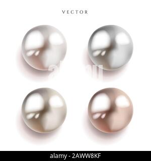 Set di perle argento, rosa o oro rosa e sfere d'oro con icone glares isolato su sfondo bianco, illustrazione vettoriale. Illustrazione Vettoriale