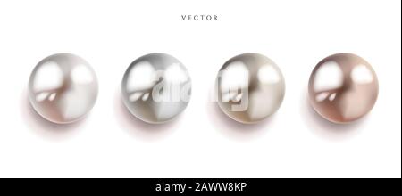 Set di perle argento, rosa o oro rosa e sfere d'oro con icone glares isolato su sfondo bianco, illustrazione vettoriale. Illustrazione Vettoriale