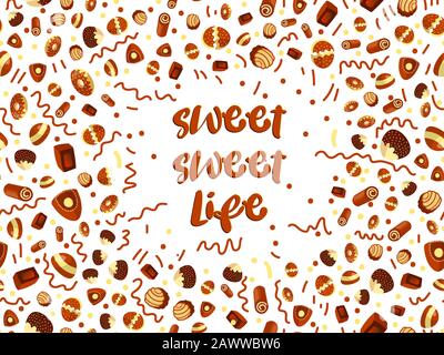 Scatola di cioccolatini telaio del choco caramelle su sfondo bianco. Scatola di cioccolatini banner, vista dall'alto, laici piatta con elementi decorativi. Chocolats candy Illustrazione Vettoriale