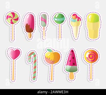 Set di vettore luminoso caramelle, gelati serie di coloratissimi lecca lecca e gelati, cartoon illustrazione. Round e cuore lecca-lecca, caramellato apple Illustrazione Vettoriale