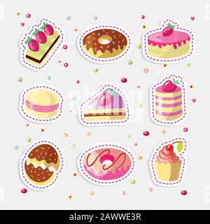 Set di Cartoon carino dolci e ciambelle, illustrazione vettoriale. Colorata collezione di icone di torta con fragola sulla parte superiore e le ciambelle, smalto di colore rosa. Carino Illustrazione Vettoriale