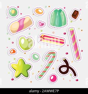 Sweet cartoon candy set. Raccolta di dolci, stile cartoon. Jelly, caramelle, dolci, ciambella dolci e marmellate. Enorme insieme di cartoon doodle forma di caramelle Illustrazione Vettoriale