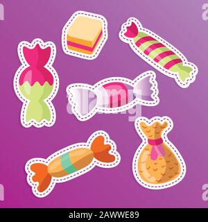 Set di caramelle con adesivo per cartoni animati. Collezione di dolci, in stile cartone animato. Caramelle in wrap, confezione di caramelle, dolci raccolta. Cartone animato doodle forma caramelle Illustrazione Vettoriale