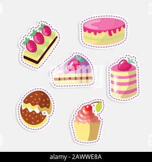Set di Cartoon carino dolci, illustrazione vettoriale. Colorata collezione di icone di torta con fragola sulla parte superiore e spruzza, smalto di colore rosa. Cartoon carino Illustrazione Vettoriale