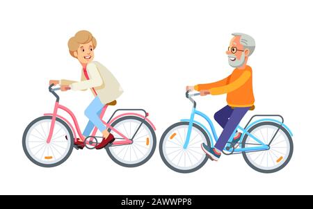 Coppia matura felice andare in bicicletta insieme nel parco. Bicicletta da corsa per anziani. Bici da corsa per coppie. Nonni in bicicletta. Ciclismo, piatto, cartone animato Illustrazione Vettoriale