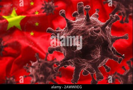 Le cellule della malattia di coronavirus come 3D rendono con bandiera della Repubblica di Cina in background. Nuovo Romanzo del 2019 Coronavirus (2019-nCoV) infezione focolaio situa Foto Stock