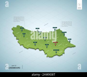 Mappa stilizzata del Lussemburgo. Mappa verde isometrica 3D con città, confini, capitale, regioni. Illustrazione del vettore. Livelli modificabili chiaramente etichettati. Engli Illustrazione Vettoriale
