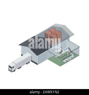 Progettazione isometrica di impianti industriali. Simulazione della distribuzione di impianti alimentari Illustrazione Vettoriale