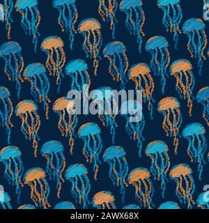 meduse jellyfish blu e arancio senza cuciture vettore modello Illustrazione Vettoriale