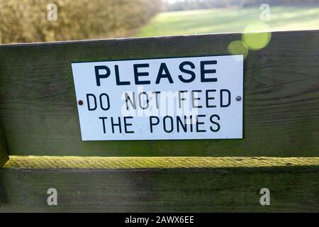 Si prega di non alimentare il cartello ponies attaccato a una tavola di legno su uno stile con campo sullo sfondo Foto Stock