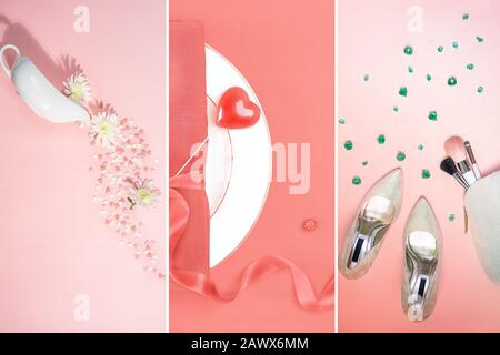 Il layout di moda di San Valentino con accessori femminili su sfondo classico rosso e bianco. Natale nuovo anno, San Valentino concetto di festa. Disposizione piatta, spazio di copia. Foto Stock