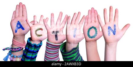 Bambini Mani Costruire Azione Di Parola, Sfondo Isolato Foto Stock